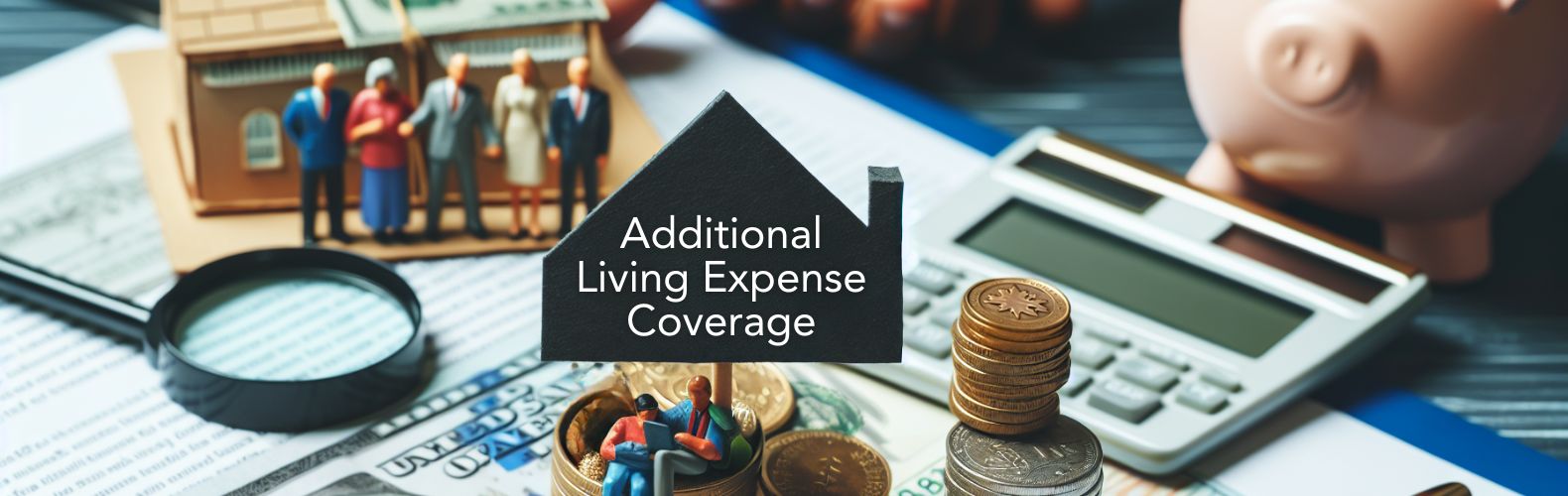 statues of little people standing on money. A calculator and magnify glass on a table. A sign that looks like a house that says additional living expense coverage