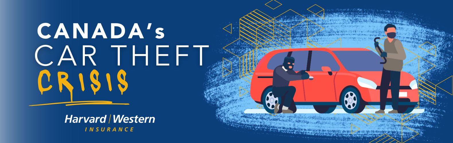 car theft crisis Canada on navy background with red car of car theft illustration