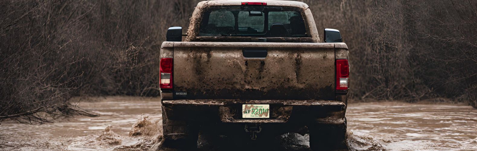 back of truck covered in mud with Rider plate